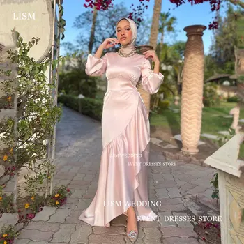 Мусульманское розовое атласное вечернее платье LISM с асимметричными оборками, вечернее платье Русалки с пышными рукавами в три четверти, вечерние платья с вуалью