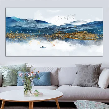 Настенная живопись с китайским синим и золотым горным пейзажем, современная абстрактная живопись Куадро, Винтажный домашний декор, принты на холсте.