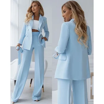 Небесно-голубой комплект брюк, модный двубортный блейзер с отворотом, повседневный Формальный Офисный женский блейзер из 2 предметов с брюками полной длины