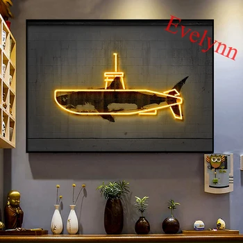 Неоновый плакат с изображением Желтой подводной лодки и Акулы, Граффити, Современный холст, Модульная Настенная картина, Рамка для рисования в гостиной, офисе, домашнем декоре.