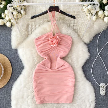 Новое сексуальное женское розовое платье на бретельках с 3D цветком для девочек, облегающие клубные платья с открытой спиной, летние облегающие мини-платья с цветочным рисунком, облегающие Летние клубные платья с открытой спиной