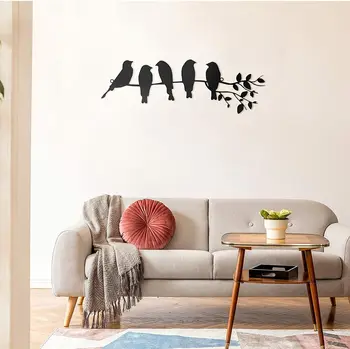 Новые 5 птиц на ветке, декор для стен, листья, скульптуры птиц, настенное искусство с металлическими птицами
