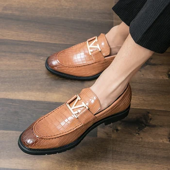 Новые мужские туфли Lefu из искусственной кожи, однотонные модные деловые туфли для отдыха, свадебная вечеринка, Классические металлические модельные туфли с крокодиловым узором