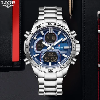 Новые мужские часы люксового бренда LIGE с ремешком из нержавеющей стали, водонепроницаемые кварцевые наручные часы, Большие спортивные часы с хронографом, Мужские часы с датой