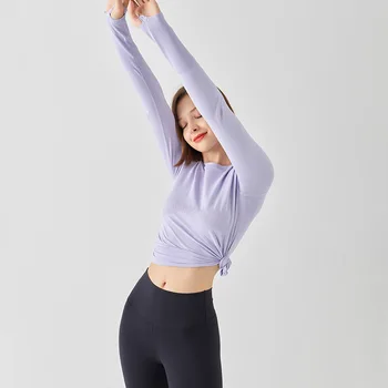 Новые топы для йоги, нейлоновая тонкая футболка с круглым вырезом и длинным рукавом, впитывающая влагу, спортивные топы для бега на открытом воздухе