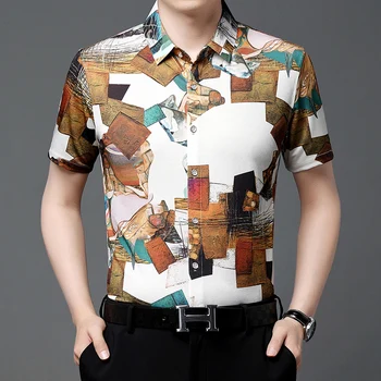 Новый дизайн мужской одежды с модным принтом 2023, Летние гладкие рубашки с принтом в стиле пэчворк, мужские мягкие рубашки с коротким рукавом