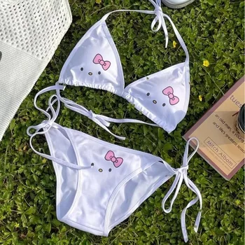Новый раздельный купальник Hello Kitty для женщин, милое и модное бикини, пуш-ап с маленькой грудью, купальник для отдыха в жаркую весну, пляжная одежда