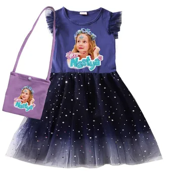 Одежда Like Nastya, платье с коротким рукавом для маленьких девочек и сумка-венок, костюм из 2 предметов, детское повседневное платье с развевающимися рукавами, детское праздничное платье