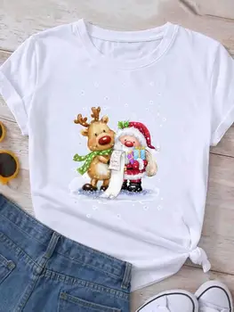 Одежда в мультяшном стиле Санта-Клауса, новогодняя футболка с графическим принтом, женская праздничная футболка, модная рождественская футболка с коротким рукавом