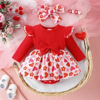 Одежда для новорожденной девочки, Комбинезон с круглым вырезом и цветочным принтом в виде сердца, с лентой для волос, Одежда на День Святого Валентина