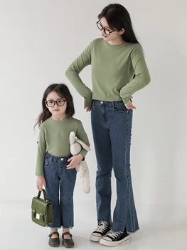 Одежда для родителей и детей, Весенне-осенние Повседневные брюки, Расклешенные брюки для девочек, Одинаковые семейные наряды, Одинаковые джинсы для мамы и дочки