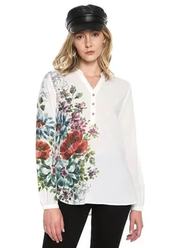 Оригинальный внешнеторговый заказ из Испании Desigual, новая женская рубашка с вышитыми граффити, белая рубашка с длинными рукавами на лацканах2