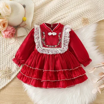 Осенне-зимнее платье-кортеж для маленьких девочек, кружевное платье принцессы с длинным рукавом, новогодний костюм в традиционном китайском стиле для детей от 0 до 3 лет