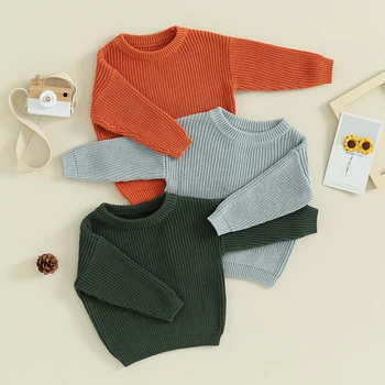 Осенне-зимние Теплые свитера для маленьких мальчиков и девочек, однотонный вязаный Свободный пуловер с круглым вырезом, трикотажные свитера, топы от 0 до 5 лет