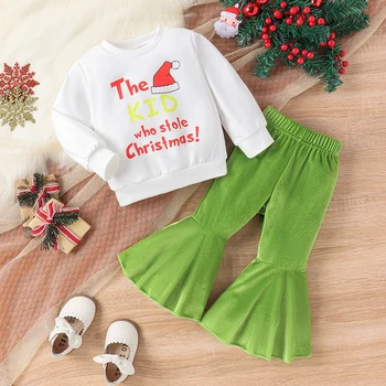 Осенние наряды для маленьких девочек, Шапка Санта с буквенным принтом, свитшоты с круглым вырезом, зеленые расклешенные брюки, комплект рождественской одежды из 2 предметов