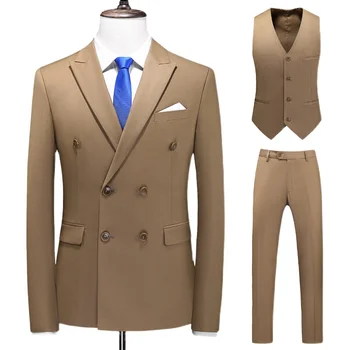 Официальные мужские костюмы Двубортный однотонный классический смокинг приталенного покроя Мужской костюм из 3 предметов (жилет + куртка + брюки)