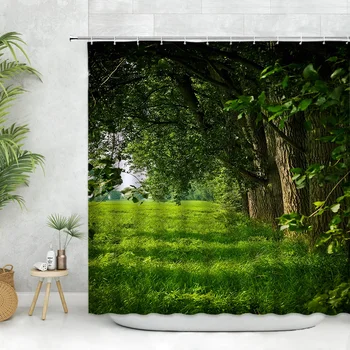 Пасторальный пейзаж занавеска для душа Баньяновое дерево Зеленый Свежий и естественный пейзаж Домашний декор Полиэфирная ткань Крючки для штор для ванной комнаты