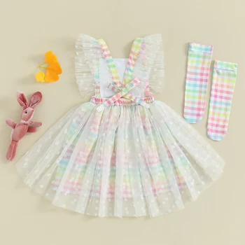 Пасхальный комплект из 2 предметов для девочек, сетчатое платье в стиле пэчворк с квадратным вырезом и принтом кролика, носки в клетку для маленьких девочек