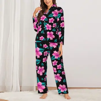 Пижама с тропическим цветочным рисунком, женская пижама с гавайским цветком, милая одежда для сна на каждый день, Осень, 2 предмета, эстетичный пижамный комплект большого размера