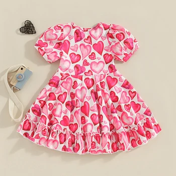 Платье На День Святого Валентина для маленьких девочек с короткими рукавами-баллонами, платье с розовыми сердечками и оборками