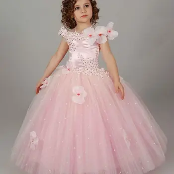 Платья на день рождения для девочек в цветочек, бальное платье с прозрачным вырезом и длинным рукавом с кружевной аппликацией, праздничные платья для девочек