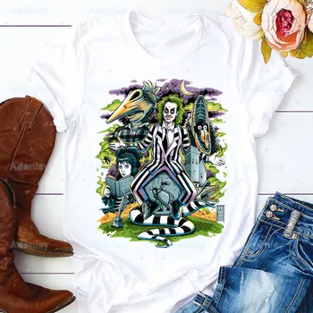 Подарок из фильма ужасов Beetlejuice Женская футболка Женская повседневная белая футболка с рисунком из мультфильма на Хэллоуин с коротким рукавом Женская футболка с рисунком