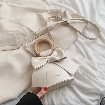 Портативная сумка для подмышек, новая однотонная сумка для покупок большой емкости, сумки через плечо с деревянной ручкой из искусственной кожи