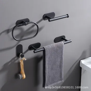 Простая ванная комната, настенная вешалка для полотенец из нержавеющей стали, Самоклеящийся держатель для полотенец, Вешалка, кольцо для полотенец, Подвесная полка для хранения, черный