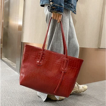 Простая женская сумка большой емкости, новая модная сумка с крокодиловым узором, сетчатая красная сумка-тоут