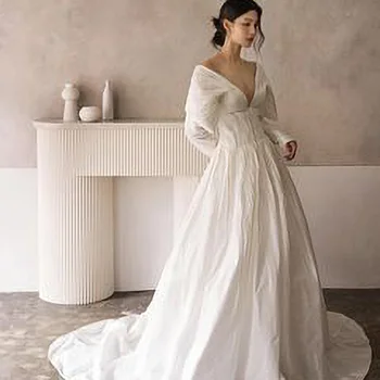 Простое Свадебное платье POMUSE С V-образным вырезом И открытой спиной, Бальное платье Длиной до пола, Свадебное Платье Невесты на заказ, Vestido De Novia для женщин