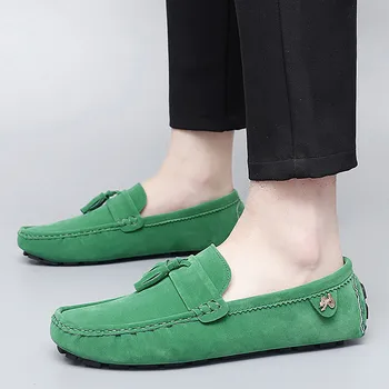Размеры 35-48, Весенние Модные Зеленые Лоферы для Мужчин, Замшевые Мужские Повседневные кожаные туфли без застежки На плоской подошве, Удобная Парная обувь, мокасины