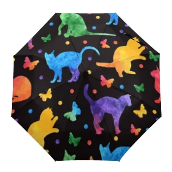 Разноцветные милые кошки и бабочки, автоматический зонт, Портативный складной зонт от солнца и дождя, Женский зонт-зонт