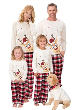 Рождественская пижама для родителей и детей, Футболка с принтом оленя, длинный рукав, круглый вырез, клетчатый комбинезон, брюки в цветную клетку, приятные к телу
