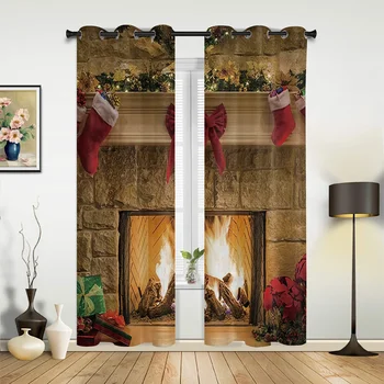 Рождественский камин, шторы для гостиной, оконные панели, шторы для спальни, кухни, домашний декор, оконная занавеска