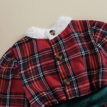 Рождественское платье трапециевидной формы для маленьких девочек, платье в клетку с имитацией шеи, платье с длинным рукавом и поясом с бантом