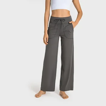 С логотипом lu Drawstring Женские широкие брюки для йоги с карманом, спортивные брюки с высокой талией, колготки для фитнеса