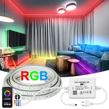 Светодиодные ленты RGB 220V 5050 Гибкая лента Светодиодная лента Tuya WiFi / Bluetooth / Пульт дистанционного управления Водонепроницаемое наружное украшение IP67