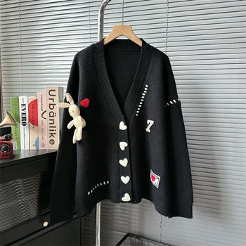 свитер Love rabbit, пальто для женщин, осенний кардиган свободной вязки, черный джемпер из трикотажа оверсайз