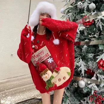 Свободный и толстый Рождественский свитер, женские пуловеры с круглым вырезом и длинным рукавом, Теплый Рождественский чулок, вязаный свитер с карманом для куклы-снеговика