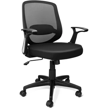 Сетчатый офисный стул KOLLIEE со средней спинкой, эргономичный поворотный офисный стул черного цвета, откидные подлокотники с регулировкой поясничной поддержки