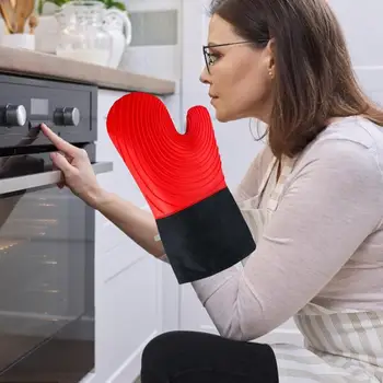 Силиконовые перчатки для микроволновой печи С длинной хлопчатобумажной изоляцией для высокотемпературной выпечки, перчатки на два пальца, пара кухонных нескользящих прихваток для духовки