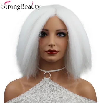 Сильная красота Короткие кудрявые прямые парики Синтетический парик для женщин с белыми волосами