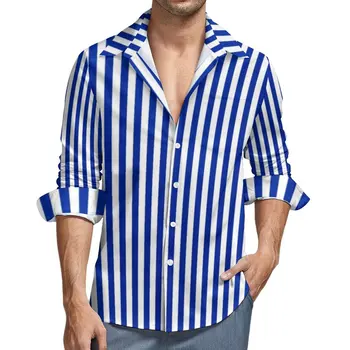 Сине-белая рубашка в морском стиле, осенние повседневные рубашки в вертикальную полоску, мужские ретро-блузки с длинным рукавом, дизайн Y2K, забавная одежда