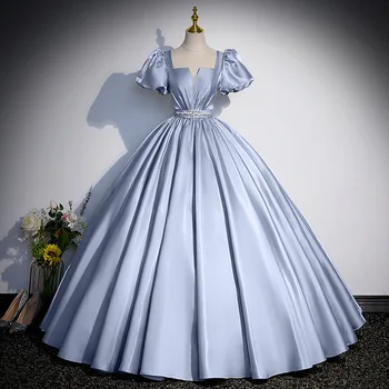 Синие Пышные платья принцессы, новое атласное винтажное Бальное платье с пышными рукавами, Простое милое платье дебютантки, плюс размер