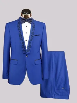 Синий Новый мужской костюм Cuatom Made, блейзер из 2 предметов, брюки с жаккардовым отворотом на одной пуговице, свадебный наряд для жениха, повседневный выпускной