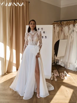 Скромное свадебное платье с высоким воротником и длинным рукавом, классические аппликации, халат невесты, Изящный бант-трапеция, Длинное свадебное платье Robe De Mariée