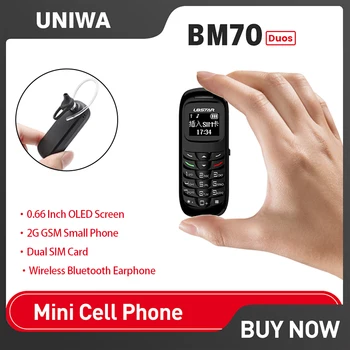 Смартфоны UNIWA BM70 DUOS MINI 1,77 дюйма 2G Стерео GSM с двумя SIM-картами, самый маленький телефон для ребенка, беспроводные наушники Bluetooth емкостью 350 мАч