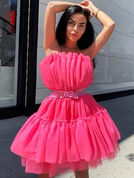 Солнечное элегантное вечернее платье, женское розовое платье с бантом, высококачественное сексуальное бальное платье без рукавов, мини-платье для девочек, вечеринка Барби