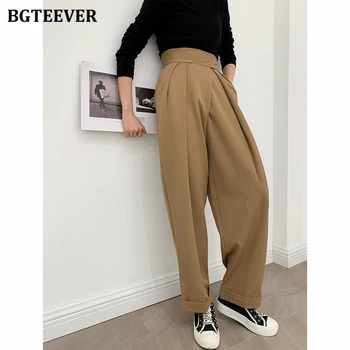 Стильные Свободные широкие женские брюки BGTEEVER, Элегантные Прямые брюки с карманами и высокой талией, женские осенние женские панталоны