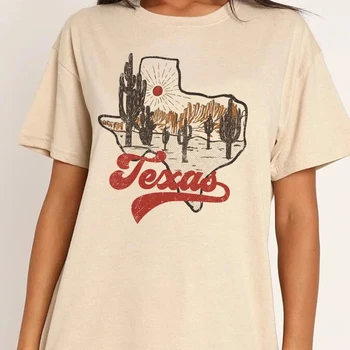 Техасский пустынный кактус, Ретро-южные футболки, Женская футболка с коротким рукавом для путешествий в западном стиле, винтажные футболки с рисунком в стиле Бохо, одежда